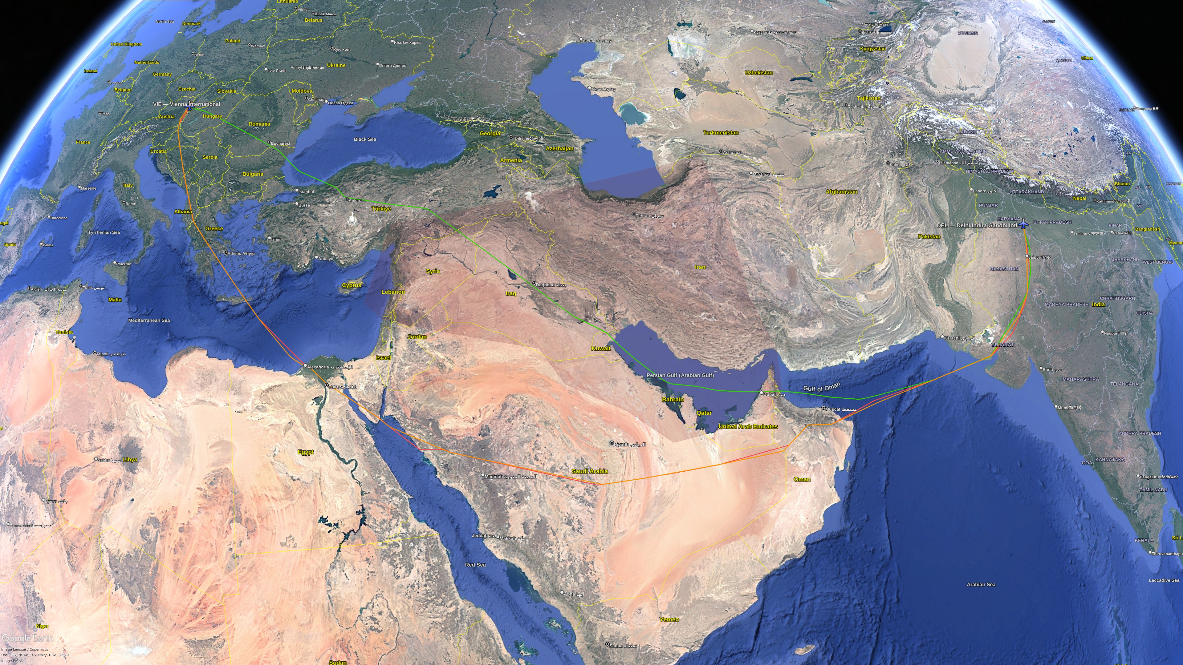 AI153 route comparison — Feb 26 pre-war vs Feb 28 and Mar 3 southern detour